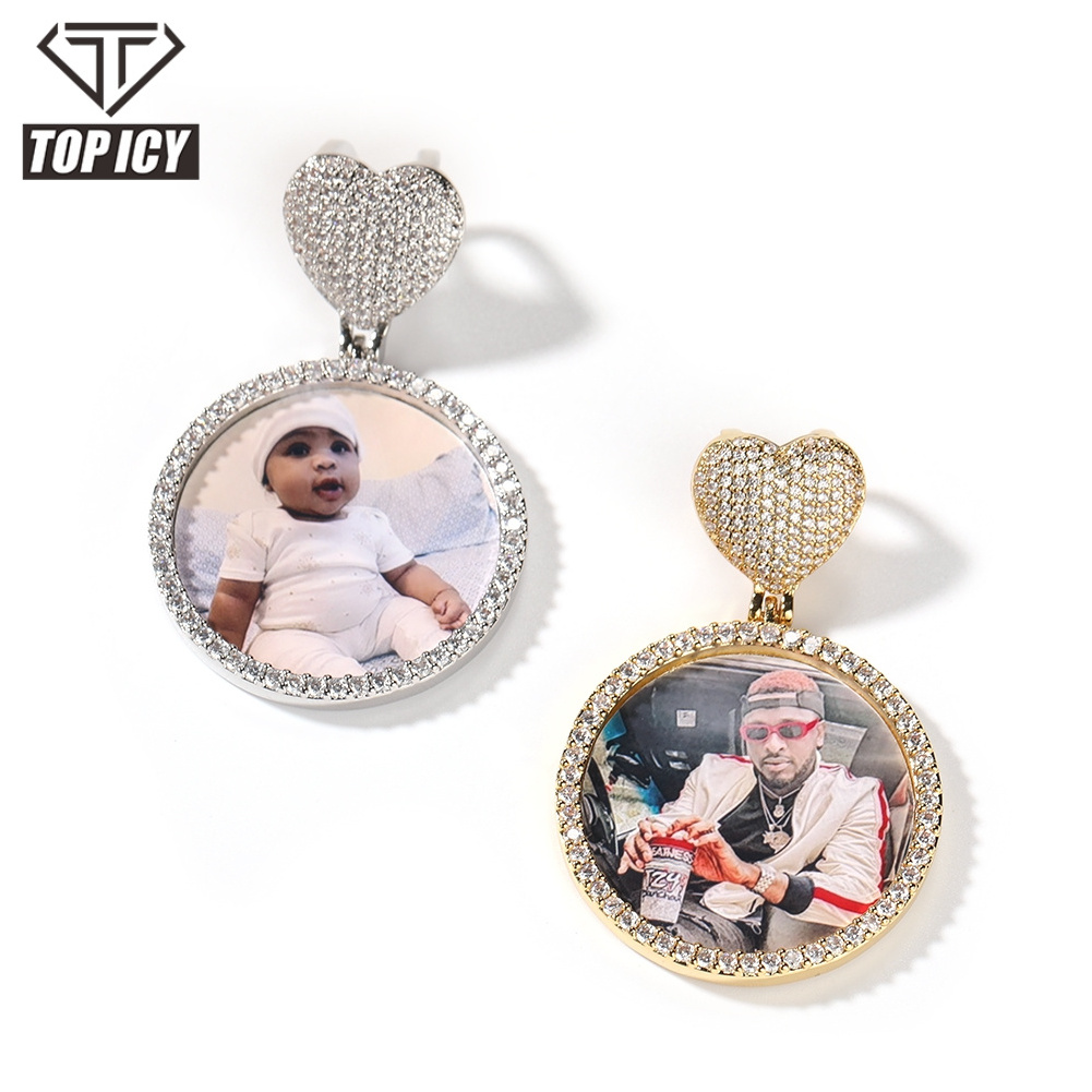 Heart Hook Circle Photo Pendant Iced Out Diamond Memorial Necklace Brass 18K Gold Plated 5A CZ Hip Hop Jewelry