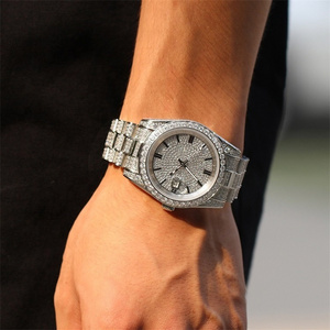 New Arrival Hip Hop Style Stainless Steel Quartz Watch Gold Plated Stainless Steel Band Full of Zircon Quartz Men Watch