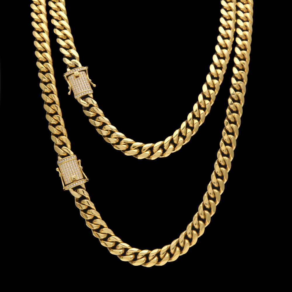 Iced Out Men Cuban Link Miami Chain Necklace Stainless steel Rhinestone Clasp Hip Hop Men Curb Gold casting Chain Necklaces