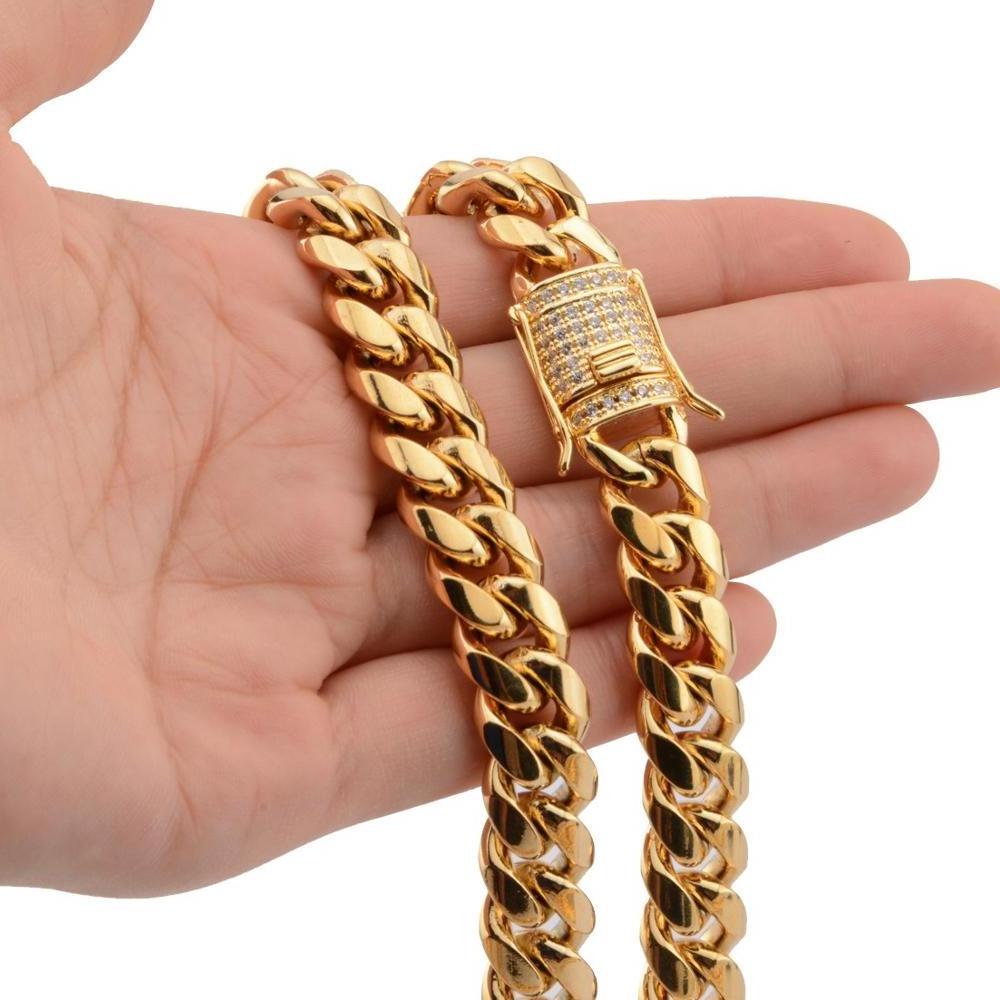 Iced Out Men Cuban Link Miami Chain Necklace Stainless steel Rhinestone Clasp Hip Hop Men Curb Gold casting Chain Necklaces