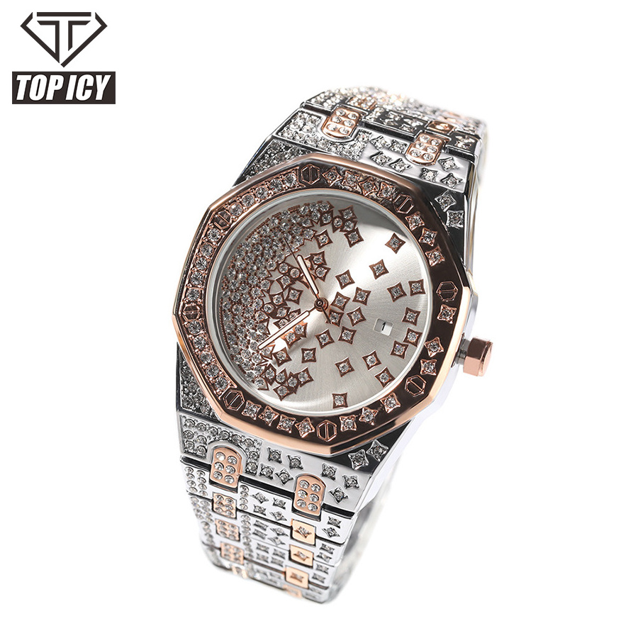 2022 hot selling hexagon alloy stainless steel rhinestone  iced out hip hop watch full iced out star design man watch