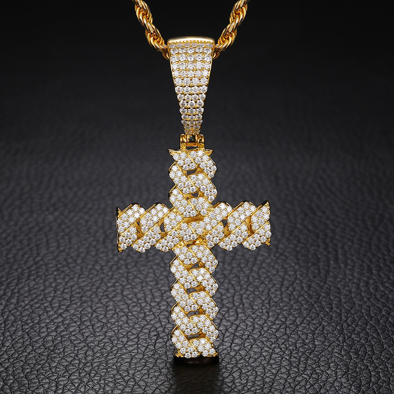 Hip Hop VVS D Moissanite 2 Rows Cuban Cross Pendant Necklace Iced Out Gold Plated 925 Sterling Silver Cross Pendant