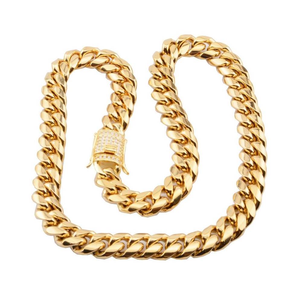 Dubai gold chains Hip hop stainless steel jewelry gold necklace Cuban Link Chain polished Iced Out clasp Choker Necklace for men