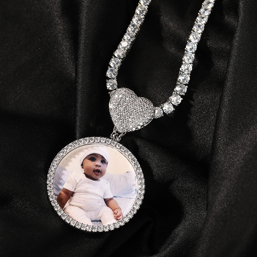 Heart Hook Circle Photo Pendant Iced Out Diamond Memorial Necklace Brass 18K Gold Plated 5A CZ Hip Hop Jewelry