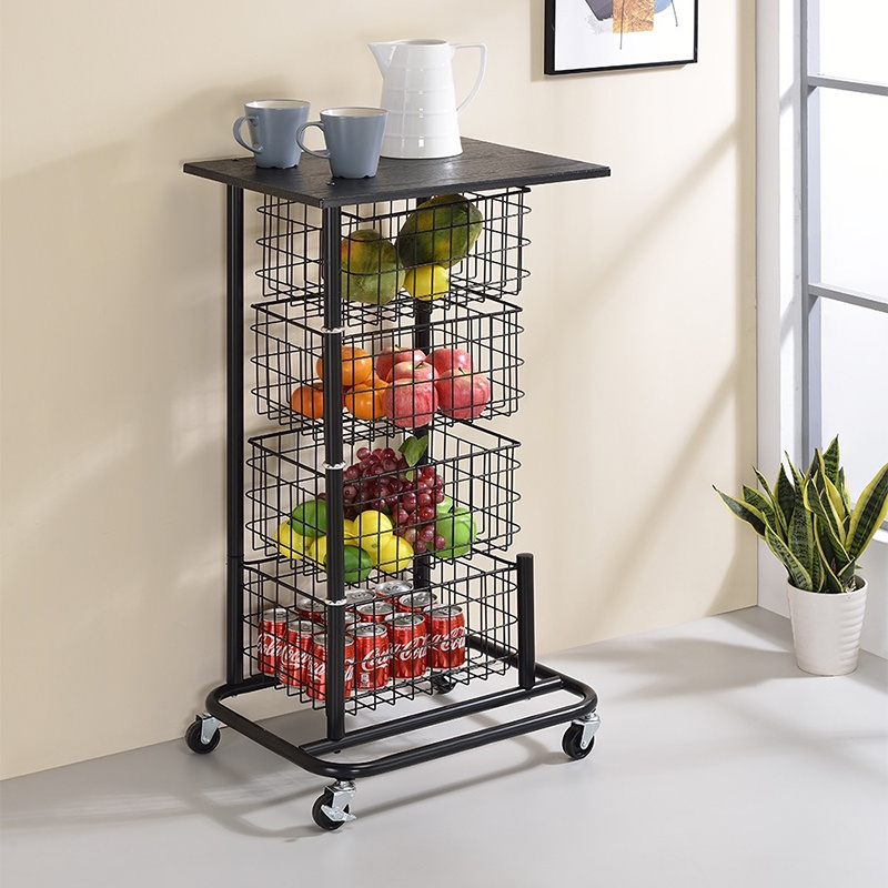 Kitchen Serving Trolley Cart with Wire Basket Drawer