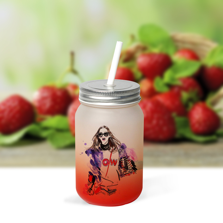 Frosted Glass Jars Sublimation Blanks 16oz 500ml DIY Gradient Color Glass Mason Jars with Lid and Plastic Straw