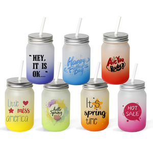 Frosted Glass Jars Sublimation Blanks 16oz 500ml DIY Gradient Color Glass Mason Jars with Lid and Plastic Straw