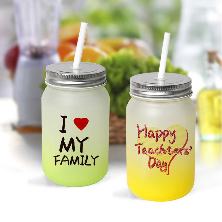 Frosted Glass Jars Sublimation Blanks 16oz 500ml DIY Gradient Color Glass Mason Jars with Lid and Plastic Straw