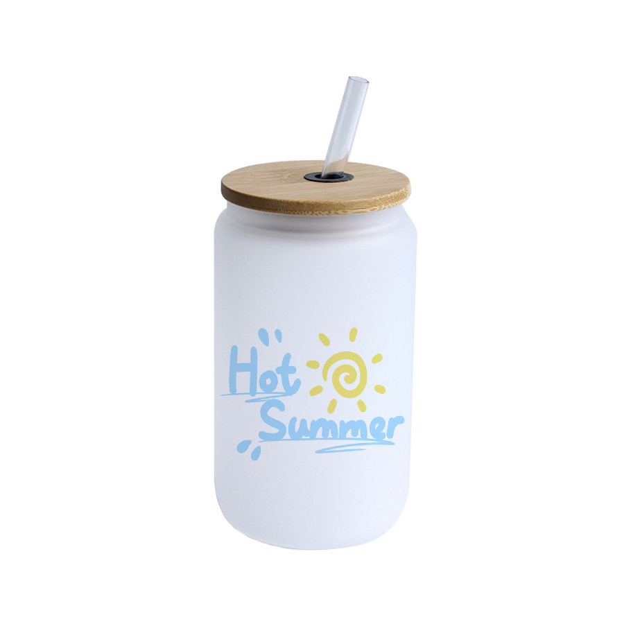 Sublimation Glass Cup 12oz 16oz Iced Coffee Soda Shaped Frosted Glass Tumbler With Bamboo Lid