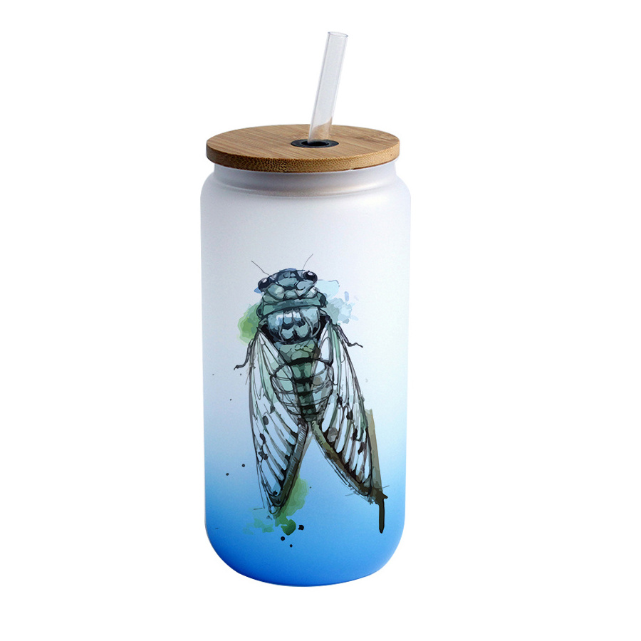 Topjlh Wholesale Frosted clear Blank Sublimation 12oz 16oz can Shaped Drinking Gradient Beer Can Glass With Bamboo Lid And Straw