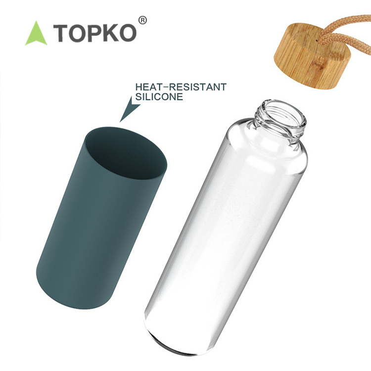 TOPKO 550ml eco-friendly bamboo lid silicone sleeve durable borosilicate glass water bottle