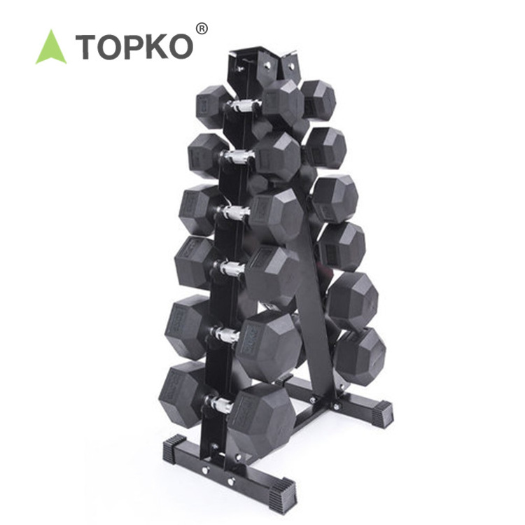 TOPKO wholesale custom logo black rubber hexagonal dumbbells home gym use 10 kg 30kg 50kg hex dumbbell set with rack