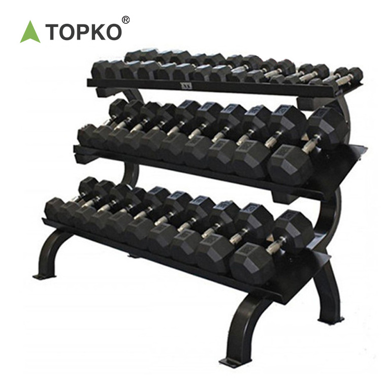 TOPKO wholesale custom logo black rubber hexagonal dumbbells home gym use 10 kg 30kg 50kg hex dumbbell set with rack