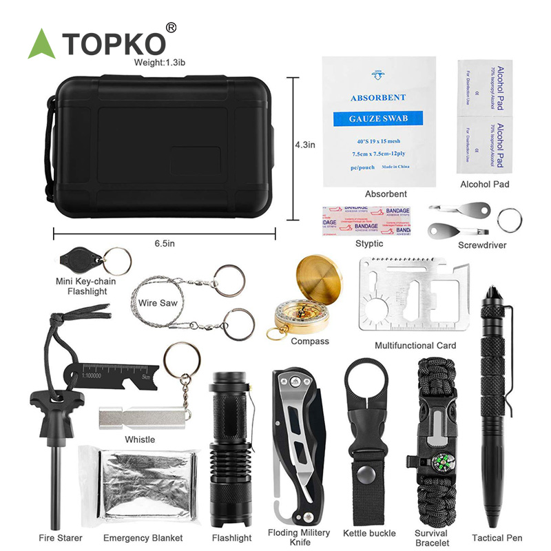 TOPKO Hot Sale Outdoor 18 in 1 Professional Pocket Camping Hiking Equipment First Aid Kit Survival Gear Kits