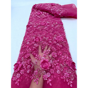 Fuchsia Pink Sequins Applique Tulle Net Pearl Embroidered Fabric with 3D Flower for Wedding Dress