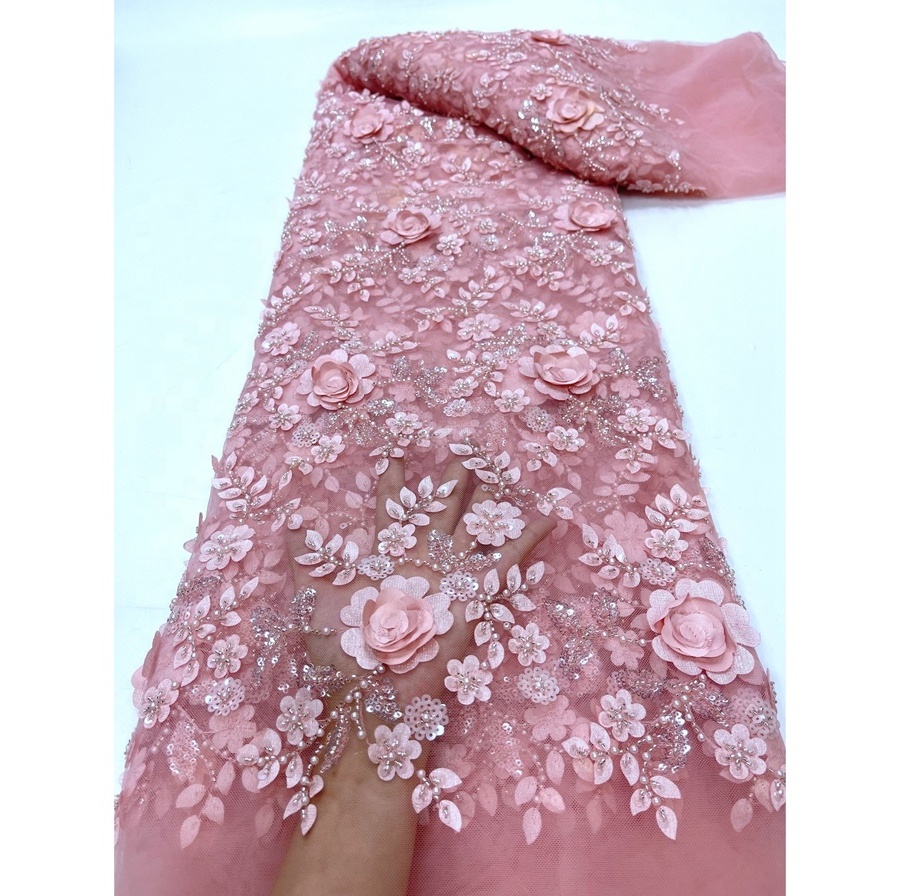 Fuchsia Pink Sequins Applique Tulle Net Pearl Embroidered Fabric with 3D Flower for Wedding Dress