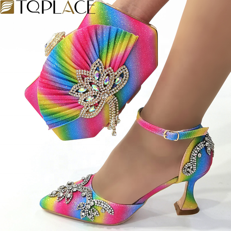 Classical Design Purse Party Pumps High Heels 3.2 inches EU Size 38-43 Rainbow Shoes And Handbag Clutch For Women