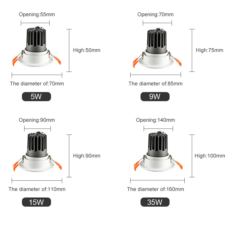 Indoor white round front ring led cob downlight anti glare design 2 3 4 5 6inch spot light ceiling for home hotel