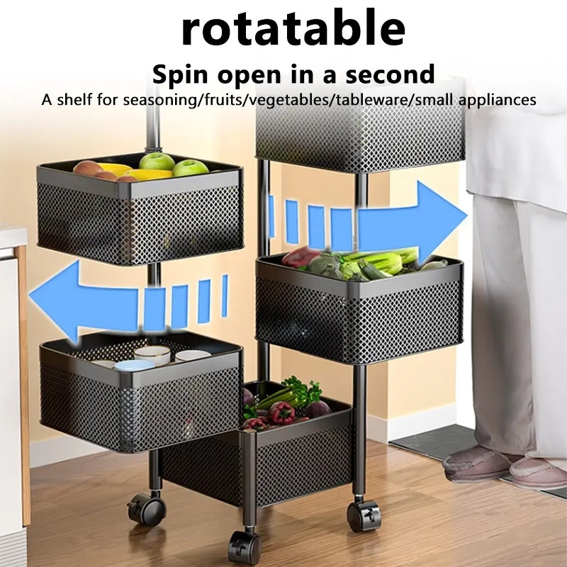 Kitchen Rotatable Storage Rack 2 3 4 5 Layer Rotating Practical Trolley Kitchen Metal Square Shelf With Wheel Storage Rack