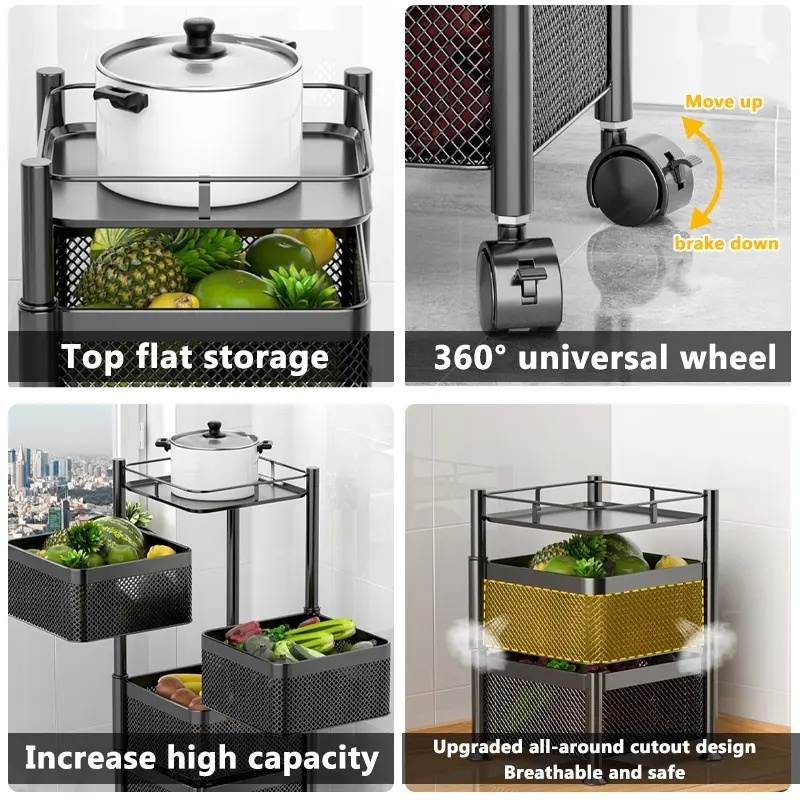 Kitchen Rotatable Storage Rack 2 3 4 5 Layer Rotating Practical Trolley Kitchen Metal Square Shelf With Wheel Storage Rack