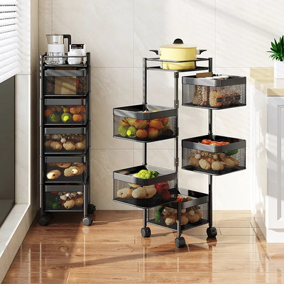 Kitchen Vegetable Rotating Storage Shelves Rack With 5 Tier Metal Multi Layer Storage Basket Shelf Organizer With Rolling Wheels