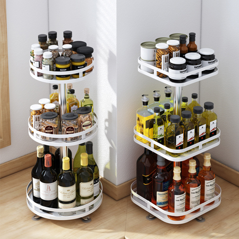 Stainless steel adjustable shelf 3 tier organizers cabinet metal kitchen 360 degree rotating storage spice jar rack set