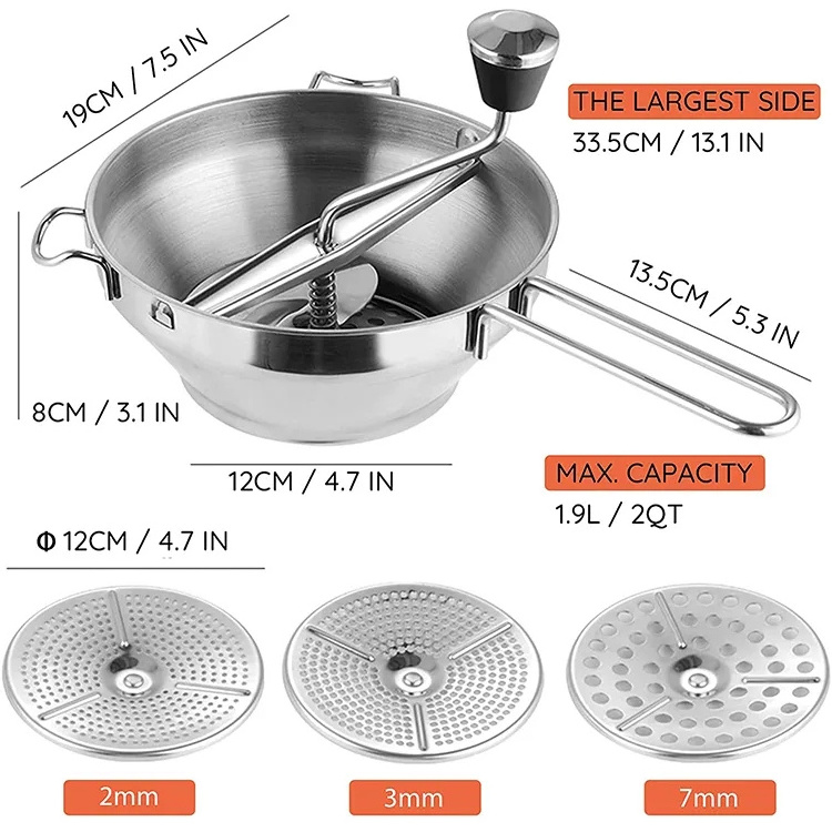 Rotary Food 304 Stainless Steel Vegetable Mill Strainer Potato Masher Grinder with 3 Milling Discs food mill