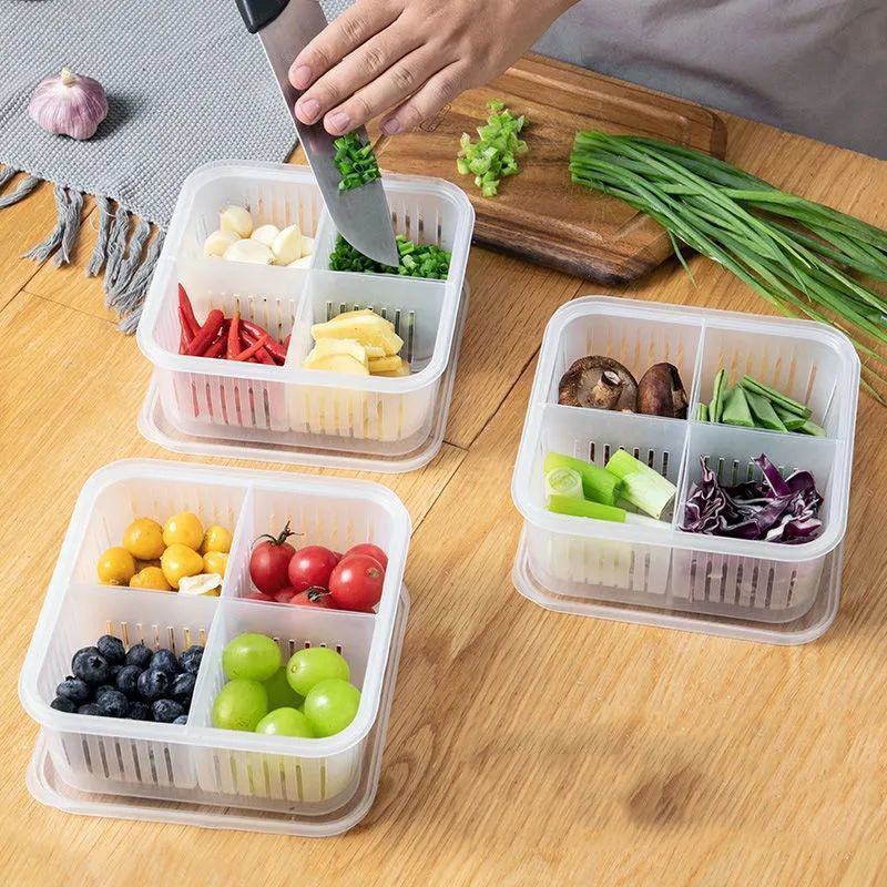 Hot Selling Household Kitchen Square Sealed Onion Ginger Garlic Fresh Storage Box Refrigerator Fruit Drain Food Storage Box