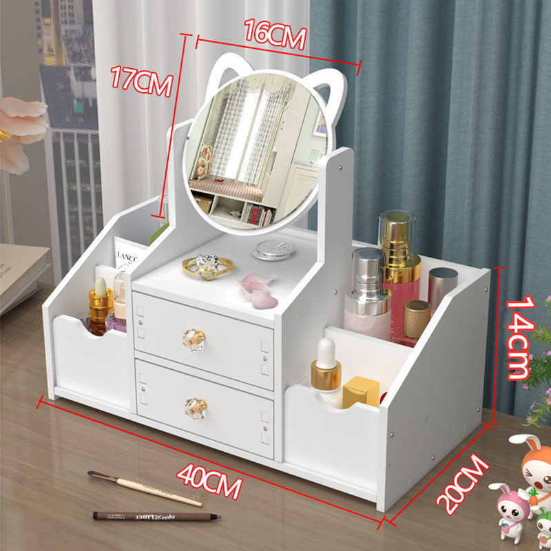 Multifunctional Luxury white round mirror nordic cosmetic storage box makeup organizer with cat ears with Mirror