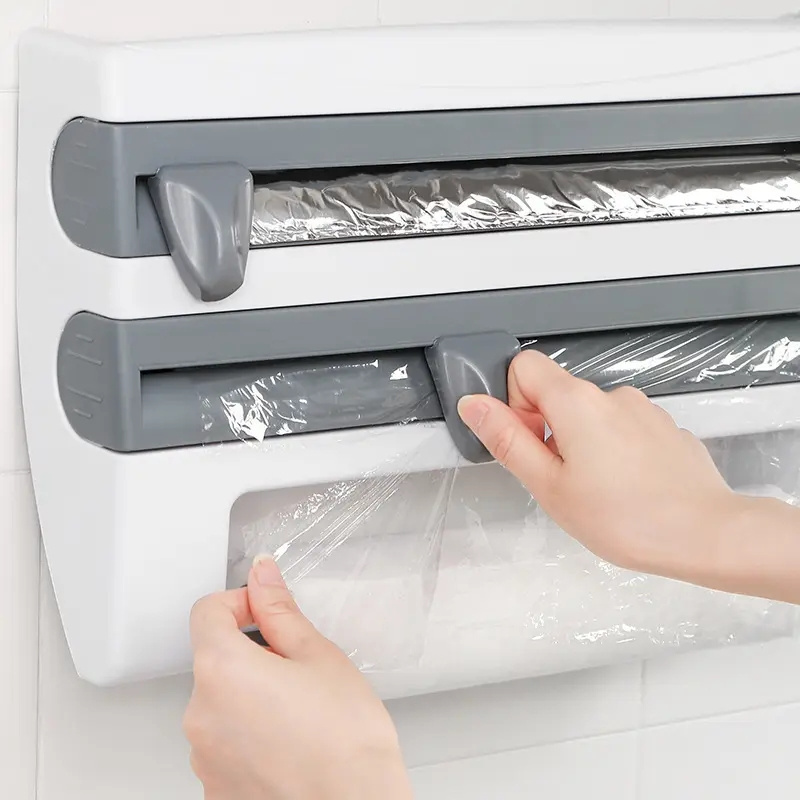 4 in1 Paper Hanger Cling Film Storage Rack Film Roll Holder Cutter Wall Mounted Plastic Kitchen Towel Foil Dispenser Cling