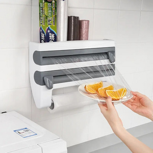 4 in1 Paper Hanger Cling Film Storage Rack Film Roll Holder Cutter Wall Mounted Plastic Kitchen Towel Foil Dispenser Cling