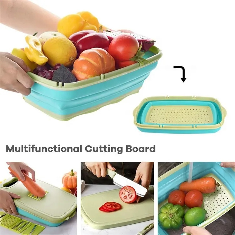 Multi functional greater portable kitchen tools 9 in 1 plastic collapsible chopping cutting board with folding strainer colander