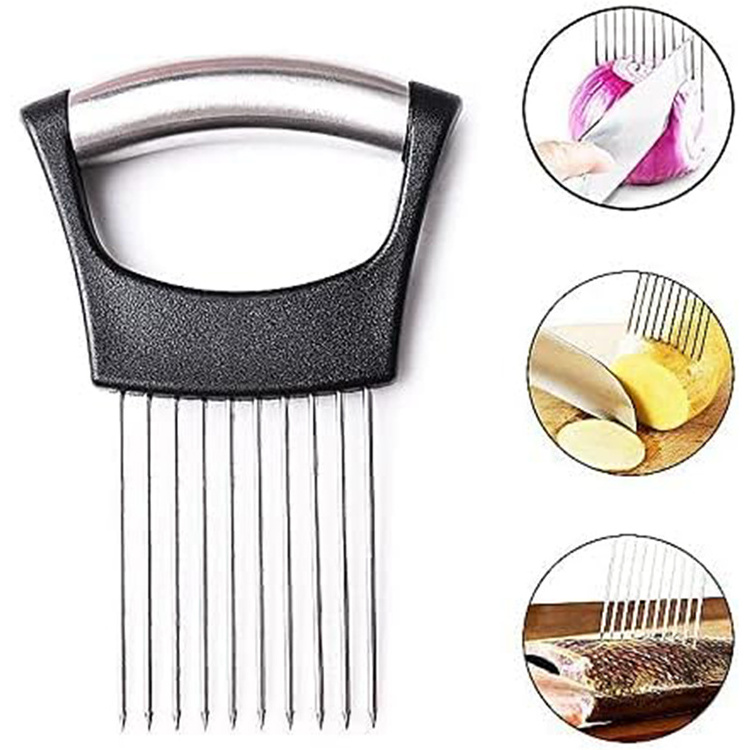 Customized Logo Stainless steel onion slicer holder cutter fork vegetable fruit kitchen gadget tomato cutter