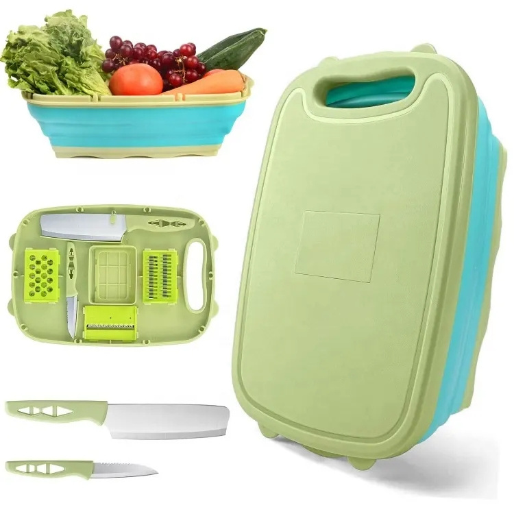 Multi functional greater portable kitchen tools 9 in 1 plastic collapsible chopping cutting board with folding strainer colander