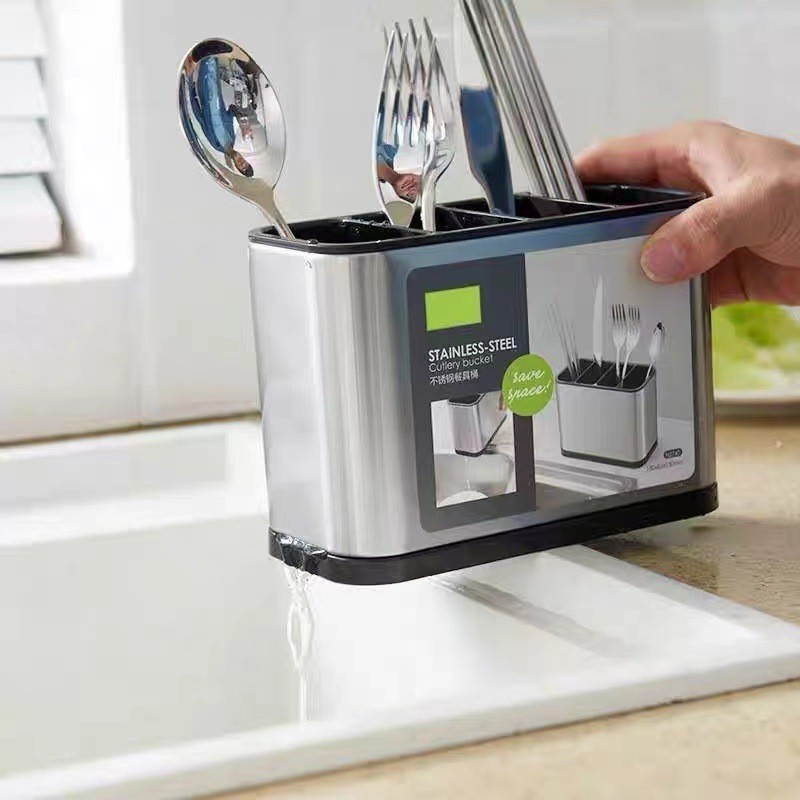 Kitchen Utensil Holder, Stainless Steel Cutlery Bucket Drying Rack Flatware Holder Sinkware Caddy Countertop Organizer