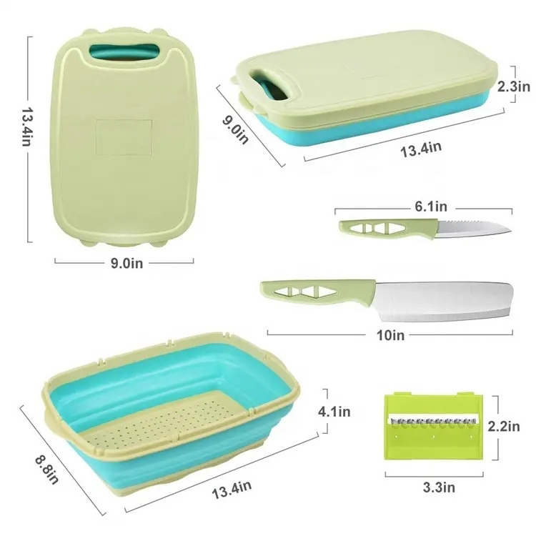 Multi functional greater portable kitchen tools 9 in 1 plastic collapsible chopping cutting board with folding strainer colander