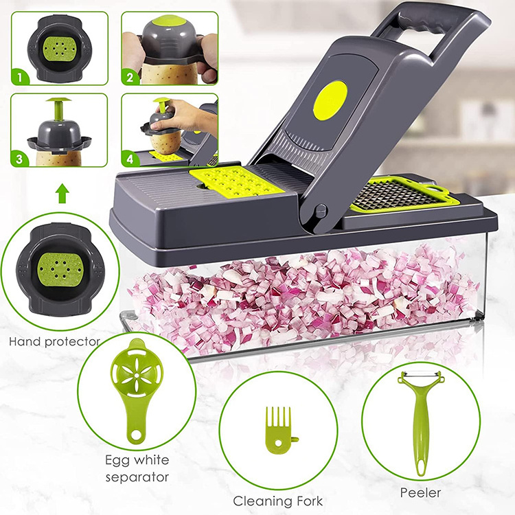 Promotional Onion Mincer Food Chopper 8 Blade Push Button Vegetable Slicer 16 In 1 Manual Vegetable Chopper With Container