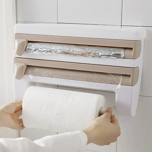 Factory Price Wall-Mounted Paper Towel Rack Multi-Function Plastic Wrap Tin Foil Cutting Box Storage Rack Wall Hanging