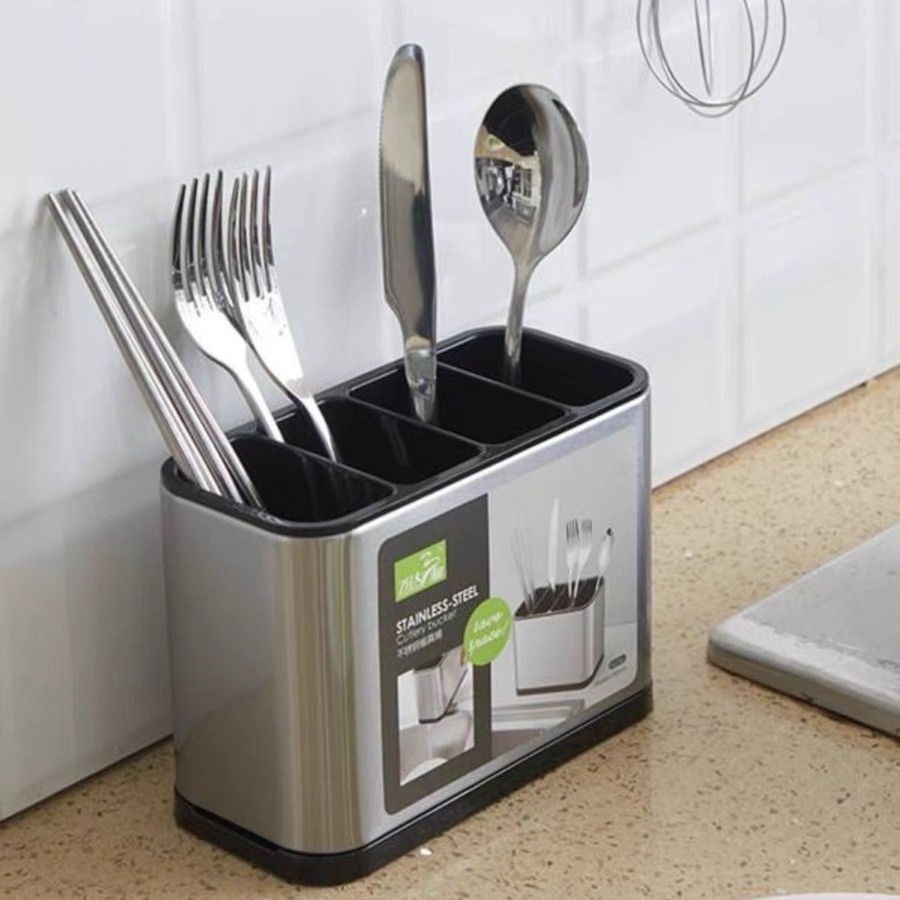 Kitchen Utensil Holder, Stainless Steel Cutlery Bucket Drying Rack Flatware Holder Sinkware Caddy Countertop Organizer