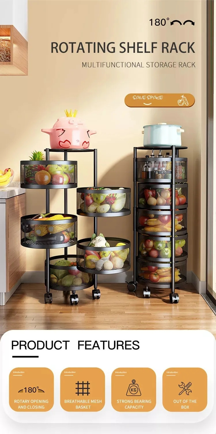 Kitchen Storage Rack 2/3/4/5 Tier Rack Rotatable Storage Vegetable Basket 360 Degree Rotating Baskets Rack With Wheels