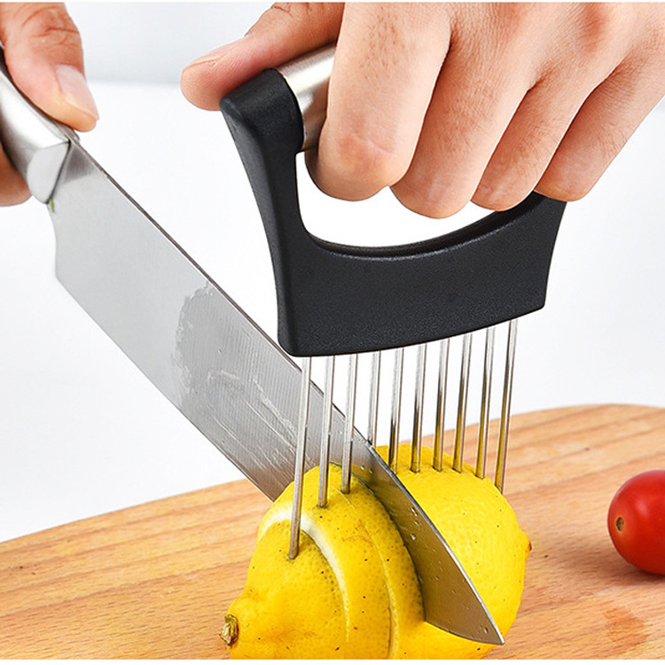 Customized Logo Stainless steel onion slicer holder cutter fork vegetable fruit kitchen gadget tomato cutter