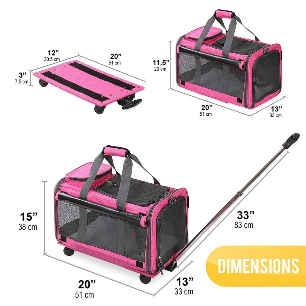 Airline Approved Tote Luggage Soft Sided Pink large-capacity  Cat Dog Pet Carrier With Detachable Wheels For Dogs Cats