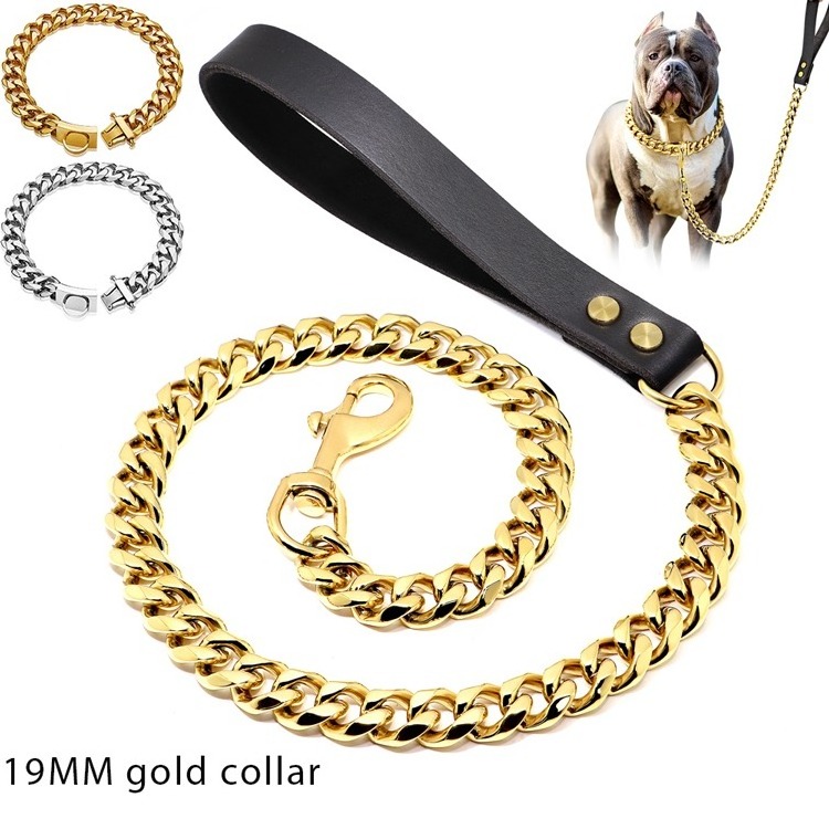 Manufacturer Wholesale Gold Chain Dog Collar hardware Stainless Steel pet Cuban Link Dog Collar Chain dog collar and leash