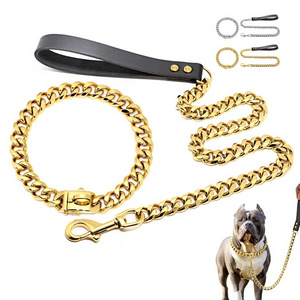 Manufacturer Wholesale Gold Chain Dog Collar hardware Stainless Steel pet Cuban Link Dog Collar Chain dog collar and leash