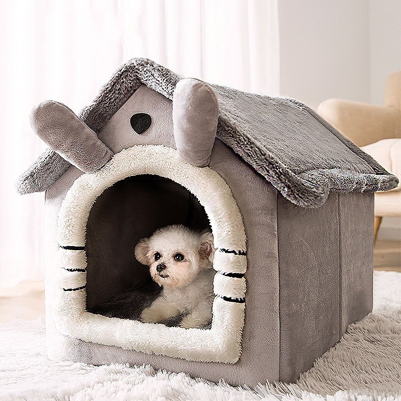 Dog House Kennel Soft Pet Bed Tent Indoor Enclosed Warm Plush Sleeping Nest Basket with Removable Cushion Travel Dog Accessory