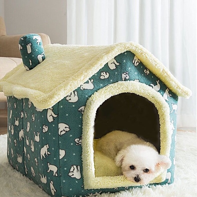 Dog House Kennel Soft Pet Bed Tent Indoor Enclosed Warm Plush Sleeping Nest Basket with Removable Cushion Travel Dog Accessory