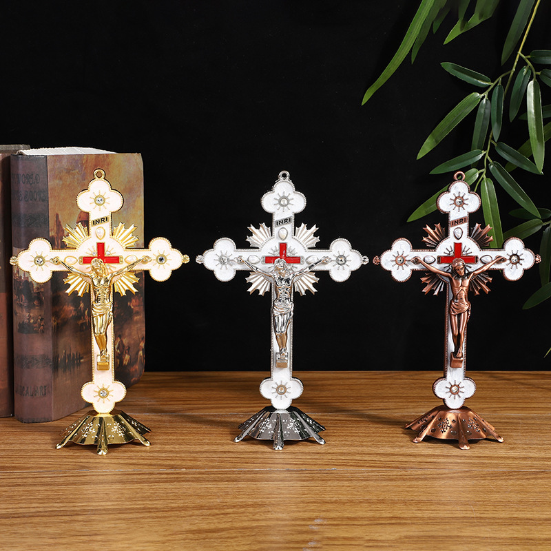 2023 Custom designed wholesale religious Jesus metal standing crucifix, decorated with a Catholic wall cross