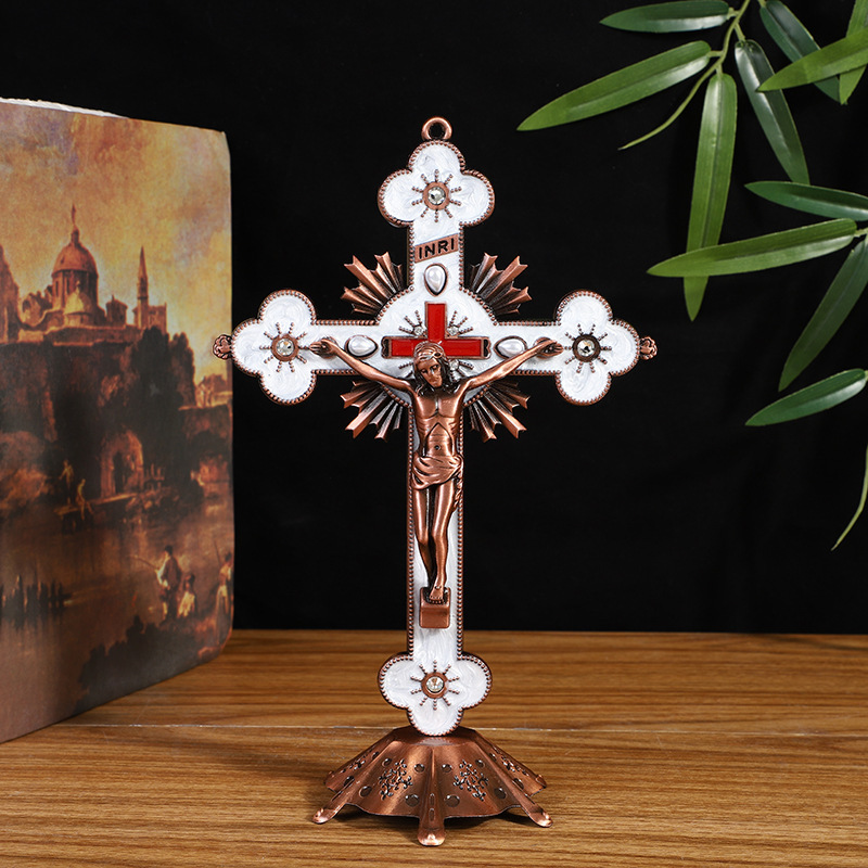 2023 Custom designed wholesale religious Jesus metal standing crucifix, decorated with a Catholic wall cross