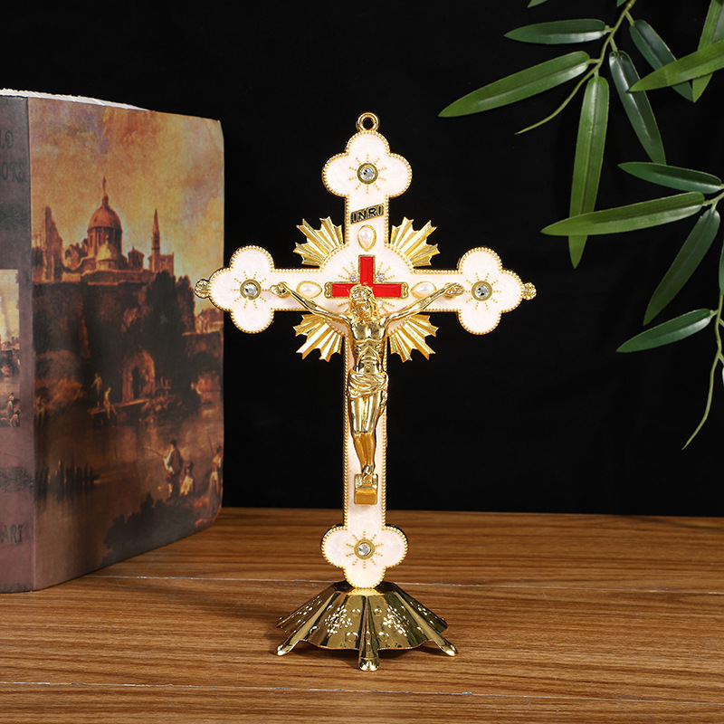 2023 Custom designed wholesale religious Jesus metal standing crucifix, decorated with a Catholic wall cross