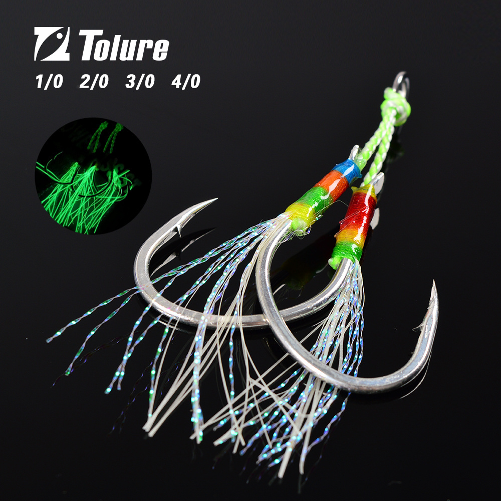 Tolure high steel Fiber Rope Flasher Shore Jigging Assist Hooks Double Assist Jig Fishing Hooks Jig Lure Hook with UV color 1pcs